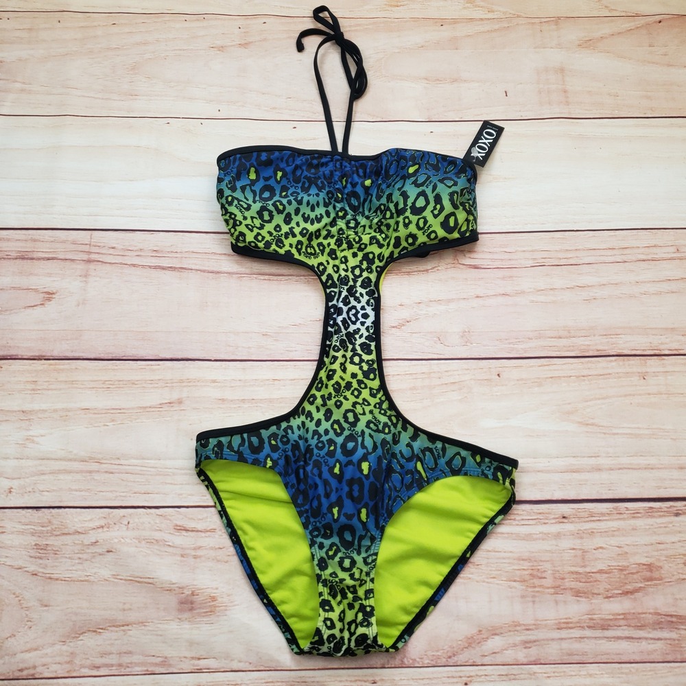 XOXO Monokini One Piece Swimsuit Womens Size S Neon Green‎ Blue Leopard Cutout